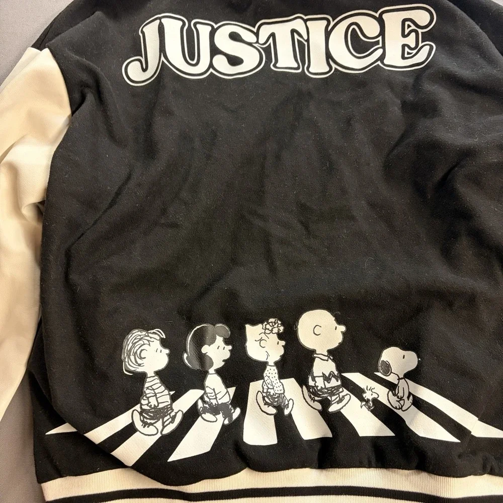 Justice Peanuts Snoopy Varsity Jacket Girls XL 16/18 Black White Abbey Road